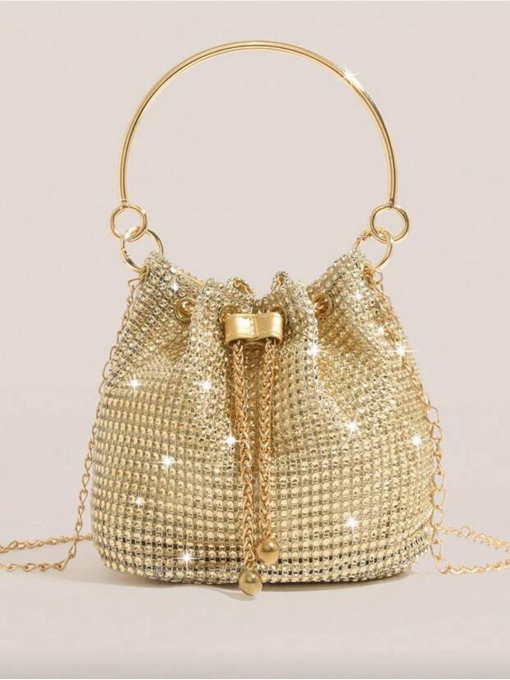 Gold Crystal Mesh Mini Bucket Bag with Hoop Handle